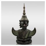 Fine 19th C Bronze Of Thai King On Wood Stand Life Size With Inlays