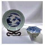 Pair Of Japanese Blue And White Celadon Glazed Dishes, One With Six Character Mark
