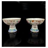 Pair Of Chinese Famille Rose Porcelain Stem Cups, One Broken And Repaired
