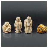 Lot Of 4 Antique Fine Japanese Carved Figures, Three Are Marked