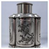 Vintage Chinese Pewter Tea Caddy With Calligraphy And Faded Mark