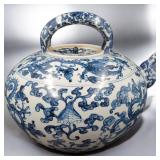 Large 19th C Chinese Qing Dynasty Blue And White Tea Pot With 5 Claw Dragon