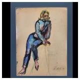 Elaine De Kooning (American, 1918-1989) Original Signed Pastel & Ink Figure Drawing, Circa 1965