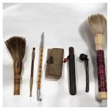 Lot Of 6 Chinese / Japanese Opium Pipes, Inkwell, And Brushes