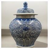 Antique Blue & White Chinese Vase W/ Foo Dog Lid