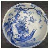 Japanese Arita Imari Blue & White Fishing Scene Pottery Bowl