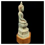 Antique Burmese Bronze Seated Buddha With A Wood Base