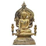 A Fine Antique Burmese Gilt Seated Bronze Buddha With Attendants