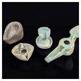 Estate Lot Of 4 Persian Stone Oil Lamps With Pottery Glaze