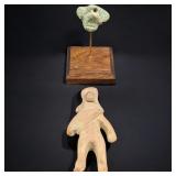 Pair Of Pre-Colombian Sculptures / Carvings, One Pottery Figure And One Jade Carving On Wooden Stand