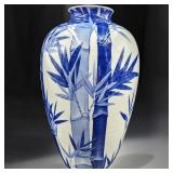 Antique Japanese Blue And White Fukagawa Porcelain Vase With Bamboo Design And Marking