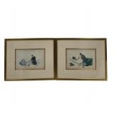A Fine Pair Of Japanese Watercolor Paintings 19th Century Signed