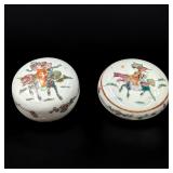 Pair Of Old Chinese Famille Rose Porcelain Paste Boxes, One Broken And Repaired