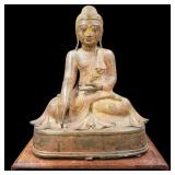 Early Thai Bronze Seated Buddha Polchromed And Gilt Paint With Wood Stand