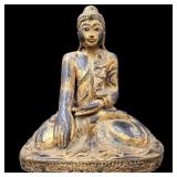 Early Thai Gilt Painted Wooden Seated Buddha With Inlaid Gems