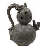 Chinese Hand Sculpted Celadon Glazed Ceramic Ewer With Dragon Handle And Figure Riding The Spout