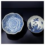 Pair Of Japanese Blue And White Porcelain Bowls, Flower / Stem And Rabbit Design