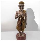Antique Thai Carved And Painted Wooden Monk Statue