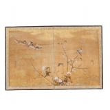Antique Japanese 2 Panel Byobu Folding Screen With Handpainted Ducks & Birds In Landscape