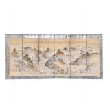 LARGE Antique Japanese 6 Panel Byobu Folding Screen With Handpainted Figures & Horse In Landscape