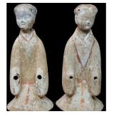 A Pair Of Chinese Han Dynasty Attendants / Terra Cotta With Polychrome Figures