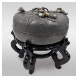 19th Century Chinese Lidded Pewter Dish Decorated With Precious Stone On Wooden Stand