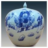 A Chinese Blue And White Covered Jar With A Celadon Glaze Decorated With Figures 19th C