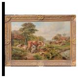 Claude Cardon (British, 1864-1937) Oil On Canvas Farm Scene Cows, Dogs And Chicken Painting, 19th C