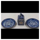 Lot Of 3 Japanese Blue And White Porcelain Objects, Two Plates And A Lidded Censer