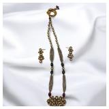 3 Lot Set Of Old Indian Japur Enameled Jewelry; Necklace And Pair Of Earrings