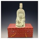 Large Chinese Blanc De Chine Duhua Scholar Statue With Case