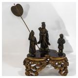 Set Of 3 Antique Japanese Bronze And Mixed Metal Figures On A Gold Lacquered Stand