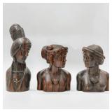 Lot Of 3 Carved Wood Female Bust Sculptures