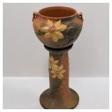 Vintage 1940s Roseville Orange Clematis Flowered Jardiniere And Pedestal 667-8