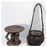 Pair Of Antique Papua New Guinean Pieces, Tonga Stool And Water Drum