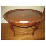 VINTAGE ROCOCO REVIVAL TABLE WITH GLASS TOP AND INLAY 20 ½” X 28” X 20”