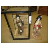 2 VINTAGE JAPANESE HAKATA DOLLS WITH ONE GLASS DISPLAY CASE PLEASE PREVIEW!
