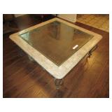 WROUGHT IRON BEVELED GLASS MARBLE COFFEE TABLE 41” X 41” X 17”