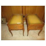 FRENCH PROVINCIAL LEATHER TOP END TABLES WITH DRAWERS 26” X 18” X 24”