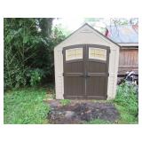 SUNCAST SUTTON 7 X 7 FT. METAL AND RESIN STORAGE SHED, SAND BROWN SUPPLIES, SHELVES INCLUDED