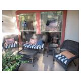 OUTDOOR RATTAN LOVE SEAT, 2 RATTAN CHAIRS WITH RATTAN COFFEE TABLE, RATTAN SIDE TABLE AND CUSHIONS I