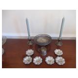 TEN PIECES OF STERLING SILVER CONSISTING OF CANDLESTICKS FINGER BOWLS CUP SERVING DISH