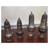 ANTIQUE FOUR PIECE STERLING SILVER SALT AND PEPPER SHAKERS WITH MONOGRAMS