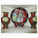VINTAGE PORCELAIN CHINESE DISPLAY PLATE 12” TWO JAPANESE VASES AND SOME BOOKS
