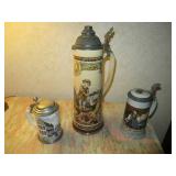 ANTIQUE/VINTAGE GERMAN BEER STEINS ALL MARKED OR STAMPED ONE IS A METTLACH AND IS 16" TALL