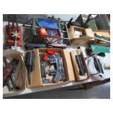 VINTAGE LIONEL TRAIN SET WITH SOLID METAL ENGINE, CRANE CAR, OTHER BOX CARS, CABOOSE WITH CONTROLLER