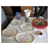 VINTAGE BEAUTIFUL CHIKARAMACHI 7 PIECE SERVING TRAY IN ORANGE, MILK GLASS VASE, PURPLE CARVED VASE, 