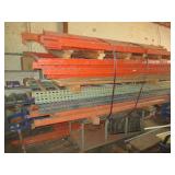 45 ASSORTED PIECES OF PALLET RACKING UPRIGHTS CROSSMEMBERS WOOD SHELVES CART INCLUDED