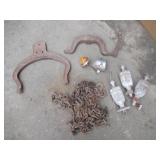 2 ANTIQUE, BELL COLLAR, CRADLE, CHAIN, BIKE LIGHTS AND THREE VICTORIAN PICKET FENCE POST CROWNS