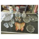 VINTAGE ASSORTED CUT GLASSWARE CRYSTAL DECANTER’S, CANDY DISH, BOWLS, SALT, AND PEPPER SHAKER ETC.